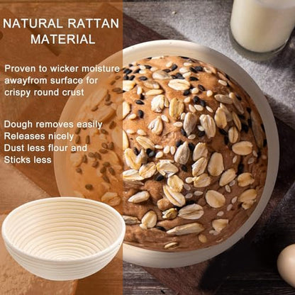 Dimpola Banneton Bread Proofing Basket - 9 inch Banneton Basket Set of 2 Sourdough Proofing Basket Round Proofing Bowls Handmade Rattan Baskets and Liners - style: Round 9 inch set of 2