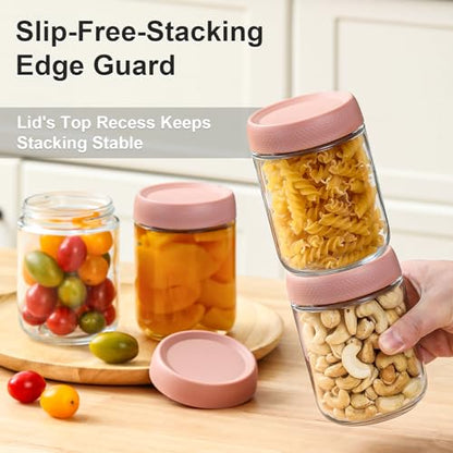 NETANY 6-pack 16oz Glass jars with Airtight Lids, Overnight Oats Containers with Lids, Wide mouth Mason Salad jars, Glass Food Storage Containers for Snacks Yogurt Spice Sugar-Pink - color: Pink-6pack-16oz