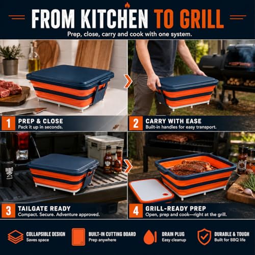 Collapsible BBQ Prep Tub with Convertible Cutting Board Design & Serving Lid – XL Brine Container & Meat Prep System for Brisket, Smoking, Grilling, Camping & Tailgating
