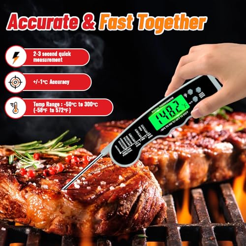 Stocking Stuffers for Men Women Adults: Meat Thermometer Digital, Instant Read Meat Thermometer with Backlight & Magnet for Kitchen, Beef, Grill, Turkey,IP67 Waterproof Cooking Thermometer - color: Grey