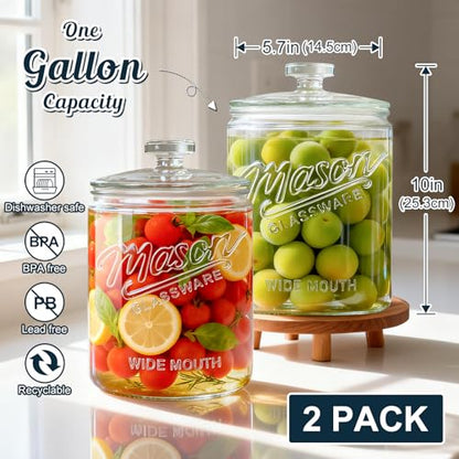 2 Pack 1 Gallon Glass Cookie Jar with Lid, Glass Canisters for Pantry Organizers & Storage, Wide Mouth Mason Jar for Flour Sugar, Sourdough Starter, Coffee, Dog Treat, Apothecary, Laundry Room