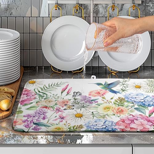 Spring Floral Birds Dish Drying Mat Summer Butterfly Flowers Kitchen Dish Drying Pad Daisy Absorbent Dish Dryer Mat for Kitchen Countertops Microfiber Dishes Drainer Pad (18x24 in)