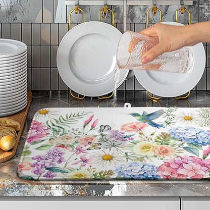 Spring Floral Birds Dish Drying Mat Summer Butterfly Flowers Kitchen Dish Drying Pad Daisy Absorbent Dish Dryer Mat for Kitchen Countertops Microfiber Dishes Drainer Pad (18x24 in)