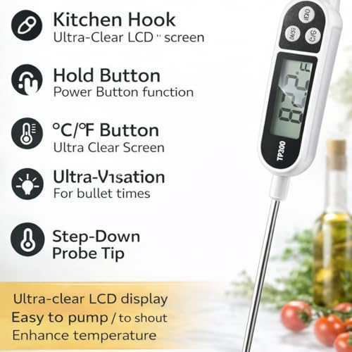 Digital Food Thermometer – Instant Read Meat Probe with LCD Display, °C/°F Switch, Long Stainless Steel Sensor for BBQ, Grill, Oven, Baking & Cooking Thermometer TP300 White - color: White