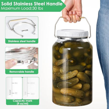 Qianfenie 1.5 Gallon Glass Jar with Lid Wide Mouth, Large Mason Jar with Airtight Screw Lid and Handle, Big Storage Jar with 2 Scale Marks for Kitchen Food, Pantry Organization (5700ML/192OZ)