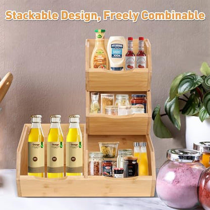 Bamboo Stackable Pantry Storage Bins, Kitchen Pantry Organizers and Storage, Potato and Onion Storage Bin, Wood Pantry Baskets for Produce, Fruits, Vegetable and Bread, Set 3 Pieces