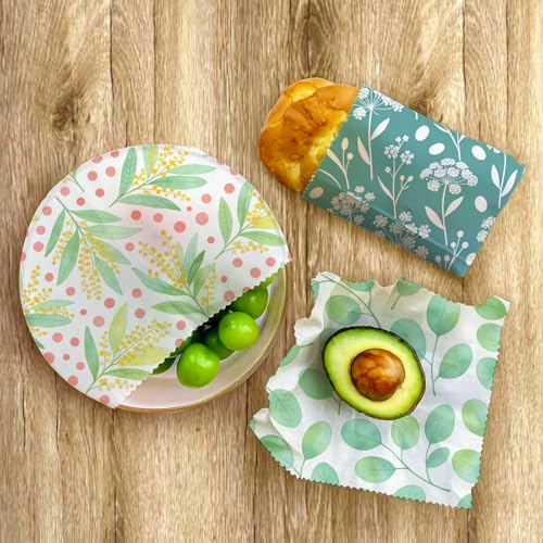 Reusable Beeswax Wraps, Leaves & Flowers Wraps, 9 Pack Eco-Friendly Food Storage, Organic Cotton, Sustainable, Zero Waste, Plastic-Free, Sandwich, Snack, Bowl Covers, 1XL, 3M, 5S - color: Green Botanical3