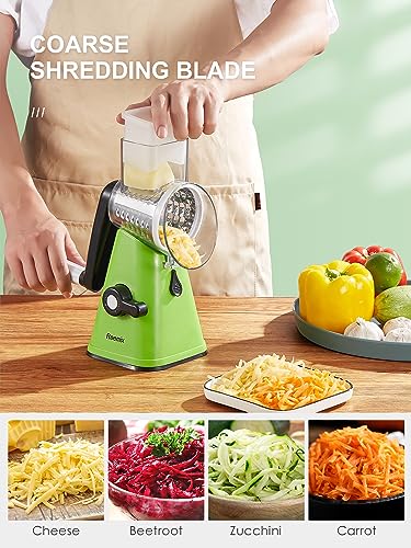 Rotary Cheese Grater with Handle, Reemix Vegetable Cheese Shredder Slicer Grater for Kitchen 3 Changeable Blades for Cheese Potato Zucchini Nuts Chocolate (Green) - color: Green
