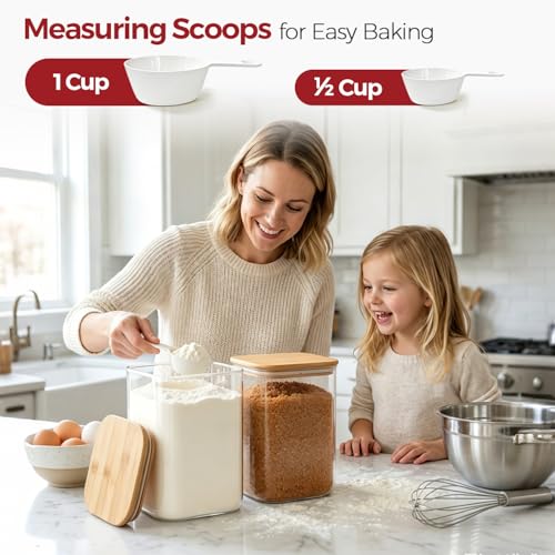 2-Pack 1 Gallon Square Glass Flour and Sugar Containers with Lids, Large Airtight Pantry Jars for Baking - Glass Canisters with Scoops & Labels for Bulk Food - size: 1gallon*2