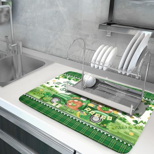 Shamrock Truck Dish Drying Mat Buffalo Check Dish Drainer Mat 18x24 inch Reversible Microfiber Quick Dry Rack Pad for Kitchen Counter Sink - color: Shamrock Truck Plaid, size: 18" x 18"