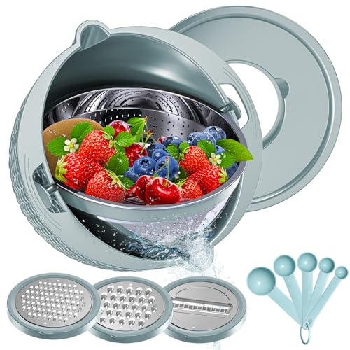 4-1 Strainer with Bowl & Spoons Set - Strainers and Colanders(Patented) - Colanders for kitchen - Food Strainer with New Upgraded Graters & Spoons - Fruit Bowl for Pasta Fruits Veggie- Blue - color: Blue