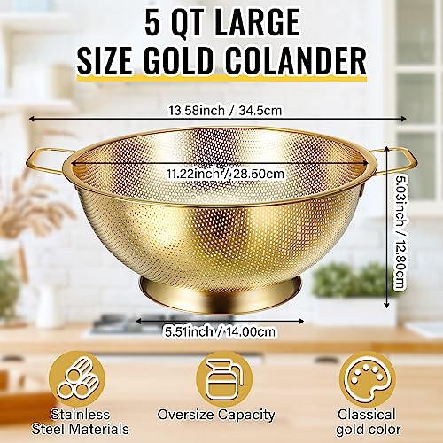 Norme 5 Quart Stainless Steel Gold Colander and 3 Pcs Gold Fine Mesh Strainer, Stainless Steel Pasta Rice Food Metal Strainer with Handles, Easy Clean and Dishwasher Safe - color: Gold, size: 5 Quart