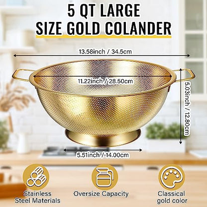 Norme 5 Quart Stainless Steel Gold Colander and 3 Pcs Gold Fine Mesh Strainer, Stainless Steel Pasta Rice Food Metal Strainer with Handles, Easy Clean and Dishwasher Safe - color: Gold, size: 5 Quart