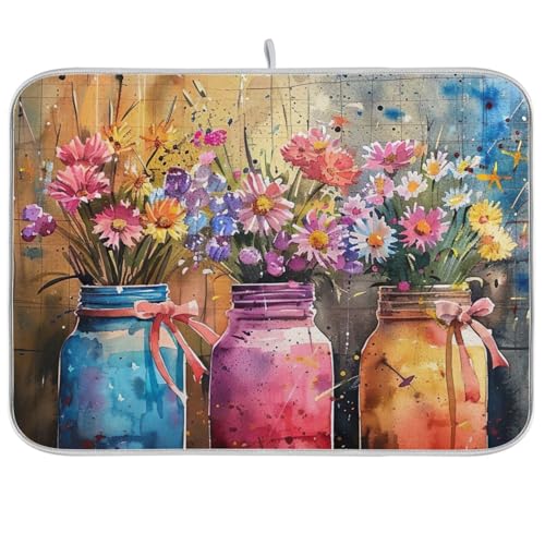 Dish Drying Mat, Colorful Mason Jars Spring Flowers Dishes Pad Quick Drying Absorbent Dish Drainer Rack Mat for Kitchen Countertop Decor Medium 16x18 Inch - size: 16x18in