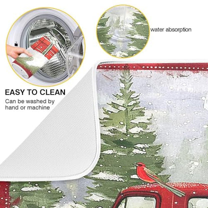 Christmas Red Truck Snowman Dish Drying Mat 18x24 for Kitchen Winter Xmas Tree Snowflake Cardinal Bird Dishes Pad Dish Drainer Rack Mats Absorbent Fast Dry Kitchen Accessories