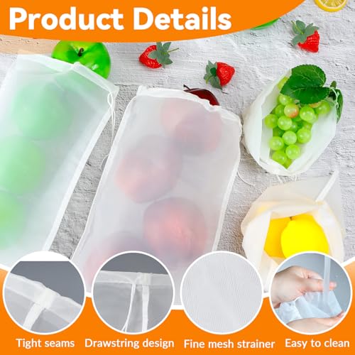 6 Pack Nut Bag Strainer 12 x 8 Inch Fine Mesh Cheese Cloth Reusable Nylon Cloth Bags for Straining 200-Mesh Strainer Bags with Drawstring for Fruit Juice, Yogurt, Coffee, Nut Milk