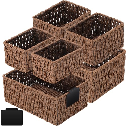 Marsui 6 Pcs Wicker Storage Baskets for Pantry Organization with Labels Handwoven Paper Rope Multi-size Brown Wicker Storage Bins for Organizing Small Baskets Container for Shelves Closet Toilet - color: Brown, style: Paper Rope