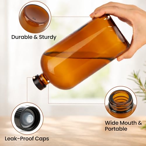 TBWIND 4 Pack 32oz Amber Glass Boston Round Bottles with Airtight Caps | Refillable Storage Bottles for Vanilla Extract, Kombucha, Cold Brew, Syrup & Oils with Droppers, Labels & Funnels - size: 32 oz