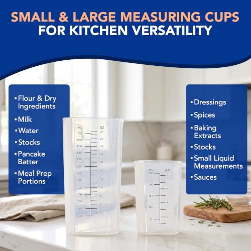 Plastic Measuring Cups Set of 2 (1 Cup & 3 Cup with Oz & mL Markings) | Tall, Thin, No Handle, Non-Slip Grip, Narrow V Shaped Angled Silicone Pouring Spout, Easy Read Measurements, Dishwasher-Safe