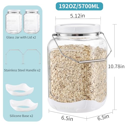 FavorFlavor Glass Jar with Airtight Lid: 2 Pack 1.5 Gallon Wide Mouth Mason Jars with Handles & Non-slip Bases, Large Food Storage Containers with 2 Measurement Mark for Kitchen, Flour, Candy, Cookie