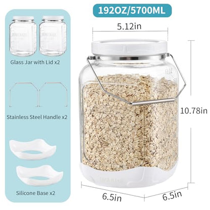 FavorFlavor Glass Jar with Airtight Lid: 2 Pack 1.5 Gallon Wide Mouth Mason Jars with Handles & Non-slip Bases, Large Food Storage Containers with 2 Measurement Mark for Kitchen, Flour, Candy, Cookie