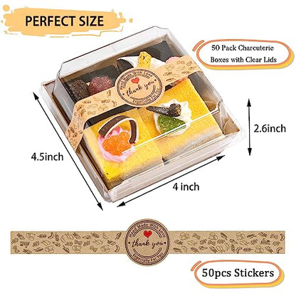TECARATE Paper Charcuterie Boxes with Clear Lids and Stickers - 50 SETS 4 Inches Square Disposable Food Containers Bakery Boxes for Bakery, Macaron, Sandwich, Slice Cake, Cookies, Hot Cocoa Bombs - color: Brown