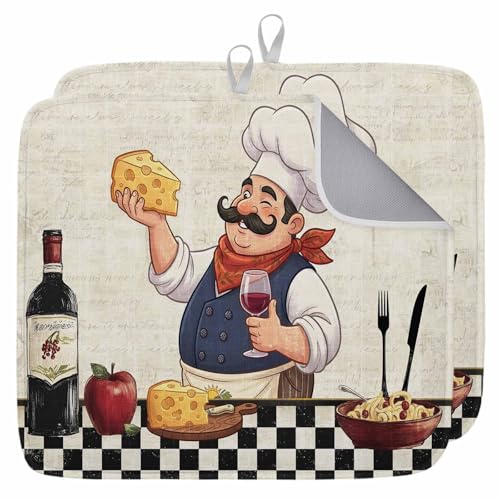 Retro Cartoon Chef Dish Drying Mat, Vintage Wine Cheese Farmhouse Traditional Absorbent Dish Drainer, Dish Drying Pads for Sink, Draining Rack, Kitchen Counter, Coffee Bar, 18"x24", 2PCS - size: 18"x24" (Pack of 2)