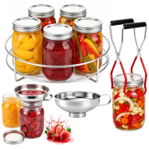 Okllen Set of 4 Canning Supplies Starter Kit, Jar Lifter Tongs, Wide Mouth Funnel, 10.5" Canning Rack, Heavy Duty for Water Bath & Pressure Cannner, Fits Mason Jars, Stock Pots