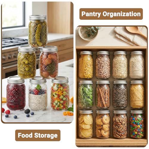 STARSIDE 12oz Glass Embossed Mason Jars 20-Pack with Airtight Split Lids | Regular Mouth Canning Jars for Jams, Honey, Pickling, Fermenting, Meal Prep, Spices, Food Storage, Favors & DIY Projects - color: Clear04-12oz