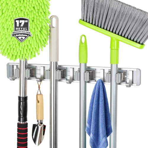 reliahom Broom Holder Wall Mount Mop Hanger Tools organizer 4Racks 5Hooks | Adjustable Stick or Screw Mop Broom Wall Hanging Tool Storage Rack Space-saving for Garage,Kitchen,Laundry Room,Garden,Silver - color: Silver-Stick/Screw, size: 1 Pack 4R5H