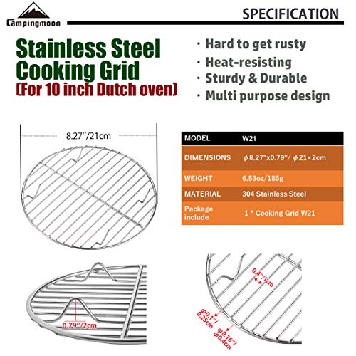 CAMPINGMOON φ8.27inch/φ21cm Round Stainless Steel Roasting Baking Steaming Cooling Rack Cooking Grid Grill Fits for 10-inch Dutch Oven W21 - color: Dia 8.3 inches, W21