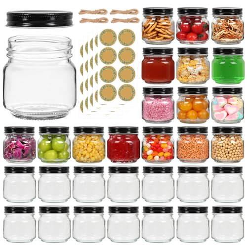 30 Pack Mason Jars 8 oz with Black Lids, Half Pint Canning Jars with 40 Free Labels, Regular Mouth Glass Jars for Canning, Preserving, Candle, DIY & Meal Prep - color: Black-8oz-30