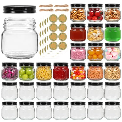 30 Pack Mason Jars 8 oz with Black Lids, Half Pint Canning Jars with 40 Free Labels, Regular Mouth Glass Jars for Canning, Preserving, Candle, DIY & Meal Prep - color: Black-8oz-30