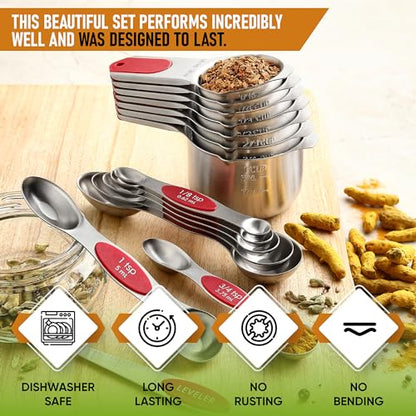 Spring Chef Magnetic Measuring Cups & Spoons Set, Patented, Strong N45 Magnets, Heavy Duty Stainless Steel Fits in Spice Jars for Baking & Cooking, BPA Free, Round Set of 15 with Leveler, Red - color: Red, size: Set of 15