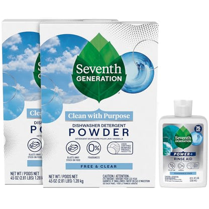 Seventh Generation Dishwasher Detergent Powder + Rinse Aid, Free & Clear | Dish Detergent 2-Pack + Power+ Rinse Aid | Biodegradable, Plant-Based & Chlorine-Free, Septic Safe Dishwashing Supplies - size: 30 Ounce (Pack of 3)