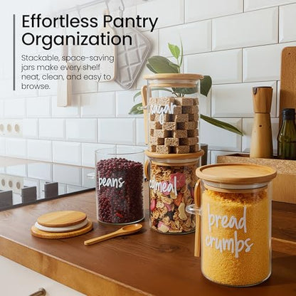 Talented Kitchen Glass Food Storage Containers with Lids - 4-Pack 17 oz Glass - Stackable Kitchen Jars for Pantry, Spice Jars & Coffee Containers for Countertop - Attached Spoons & 157 Labels