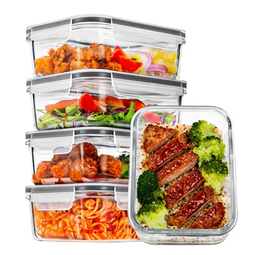 Vtopmart 5Pack 30oz Glass Storage Containers with Lids, Glass Meal Prep Food Container Sets with Snap Airtight Lid for Microwave, Oven, Freezer and Dishwasher, Grey - color: Grey, size: 30oz