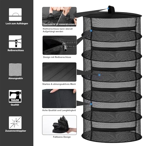 Desy & Feeci Drying Net Herbs 6-Layer Hanging Herbs Drying Rack Drying Net with Zippers, Black, 23.6 x 47.2 in (60 x 120 cm) - color: Black, size: 6 Layer