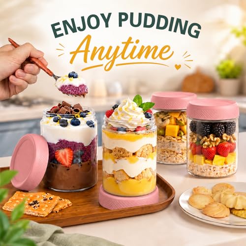 Pink Overnight Oats Container with Lids, Wide Mouth Mason Jars with Lids, Air Tight Overnight Oats Jars for Yogurt, Reusable Glass Jar for Pudding, Snack, Sugar, Breakfast, (6-Pack, 16oz) - color: Pink