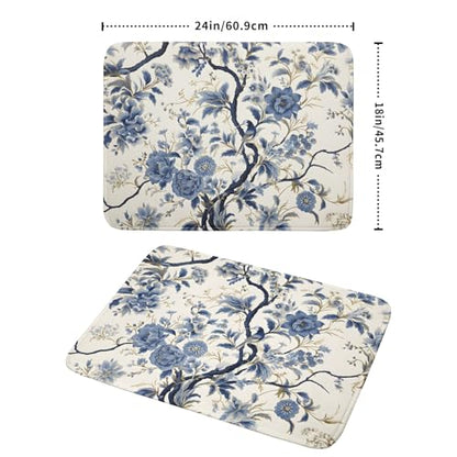 Chinoiserie Trees Dish Drying Mat for Kitchen Counter,Bule Birds Flowers Drying Mat 18 x 24 Inch with Absorbent Reversible Microfiber Drying Pad for Coffee Bar - size: 18" x 24"