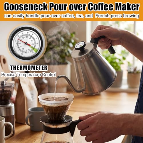 2 Pack 40 oz Gooseneck Kettle with Thermometer Stainless Steel Pour over Coffee Kettle Precision Drip Spout for Stovetop Home Kitchen Camping(Silver) - color: Sliver