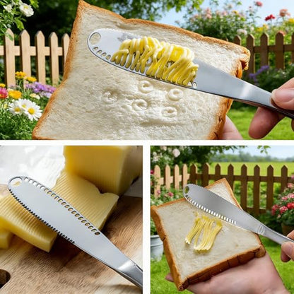 2 Pack Stainless Steel Butter Knives with Holes – 3-in-1 Spreader, Grater & Slicer for Cold Butter, Cheese & Jam – Dishwasher Safe, Rust-Resistant with Soft Ergonomic Handle