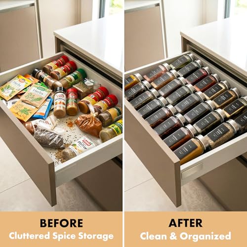 EDELHAUS Glass Spice Jars with Label, 24x Stainless Steel Lids | Airtight Lids keep spices fresh, Kitchen Spice Drawer Organizer, 4oz Seasoning Containers incl. Funnel, Brush & 240 Labels - color: Stainless Steel Lid