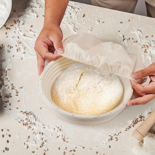 Dimpola Banneton Bread Proofing Basket - 9 inch Banneton Basket Set of 2 Sourdough Proofing Basket Round Proofing Bowls Handmade Rattan Baskets and Liners - style: Round 9 inch set of 2