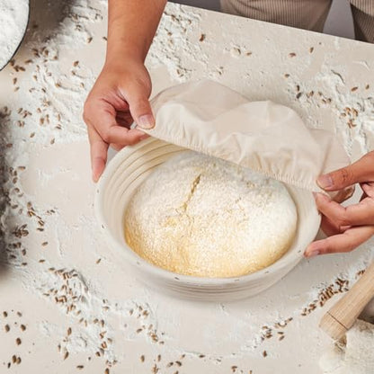 Dimpola Banneton Bread Proofing Basket Banneton Basket Set Sourdough Proofing Basket Round Proofing Bowls Handmade Rattan Baskets and Liners (Round 9 inch Baking Set) - style: Round 9 inch Baking Set