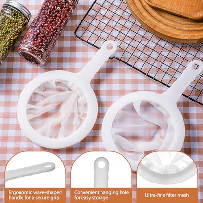 2 Pack Ultra Fine Nylon Mesh Strainer with Handle 120/200 Small Kitchen Colander Plastic Mesh Sieve for Filtering Yogurt Juice Milk Honey Coffee Matcha