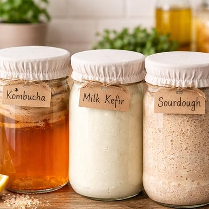 100% Cotton Jar Covers 3-Pack Breathable Fabric Lids for Kombucha, & Sourdough Starter – For Mason Jars Wide and Normal Mouth