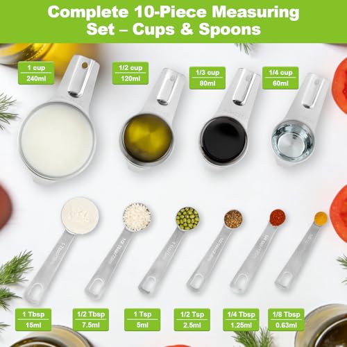 Stainless Steel Measuring Cups and Spoons Set of 10, Nesting Measuring Cup Set - 4 Cups 6 Spoons, Stackable Measure Cup Spoon Set for Dry & Liquid,Dishwasher Safe Kitchen Tools Cooking Baking Supplies