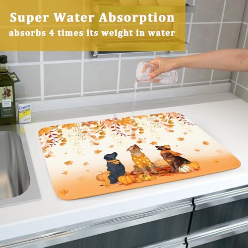 Giwawa Fall Dogs Dish Drying Mat Autumn Leaves Reusable Dishes Pad 18"x24" Holiday Microfiber Quick Dry Dish Drainer Rack Mat for Kitchen Counter - color: Fall Dogs, size: 18x24 inch