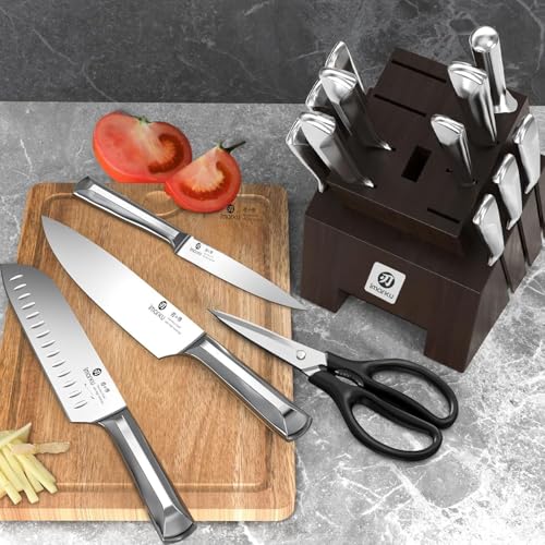 imarku Knife Set, 16Pcs Japanese Knife Set with Block & Built-in Sharpener, High Carbon Stainless Steel Kitchen Knives, Ergonomic Handle, Dishwasher Safe,Santoku Knives, Home Essentials for Gifts - color: Steel Gray